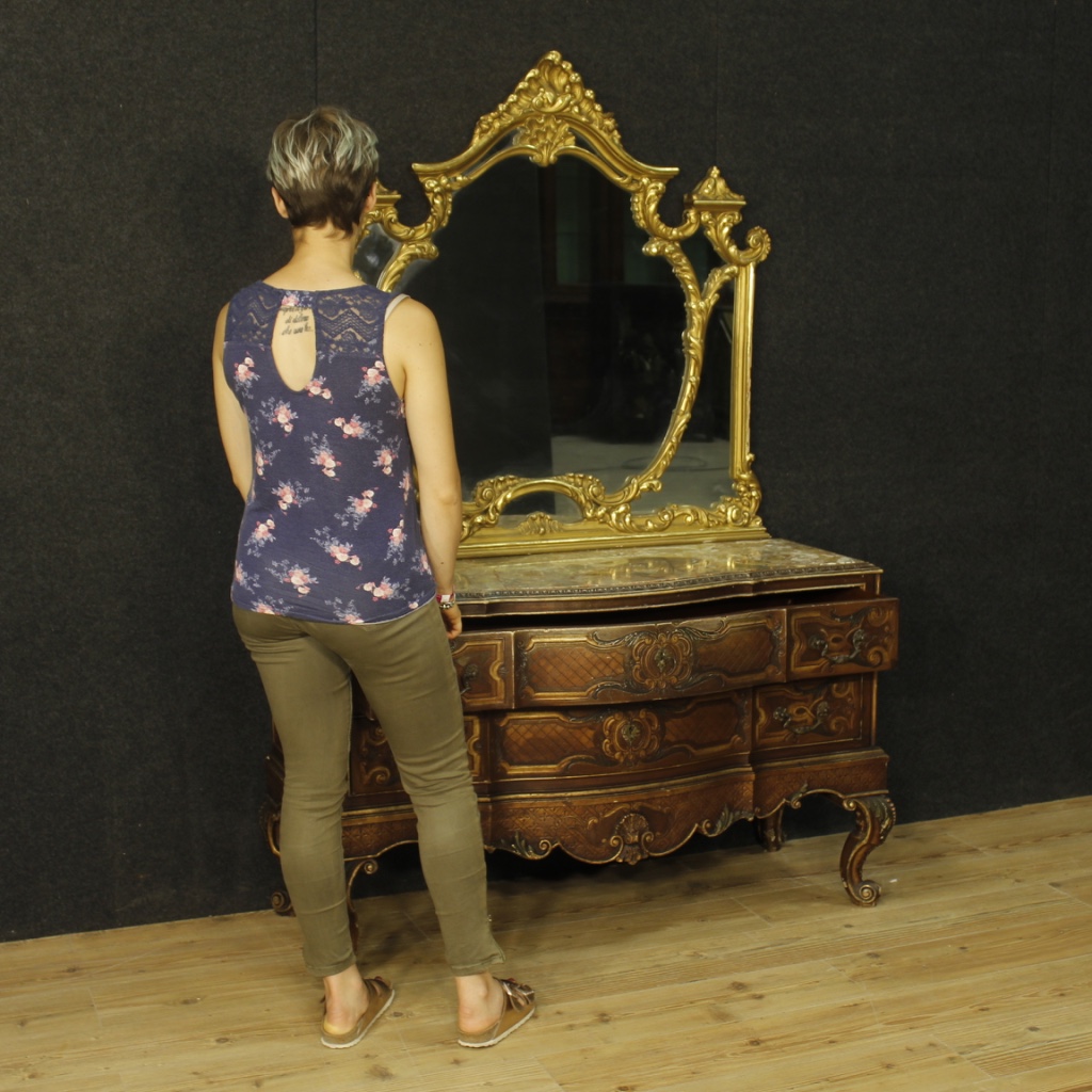 Italian Dresser With Mirror In Lacquered And Gilded Wood For Sale