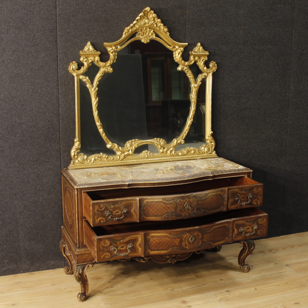 Italian Dresser With Mirror In Lacquered And Gilded Wood For Sale