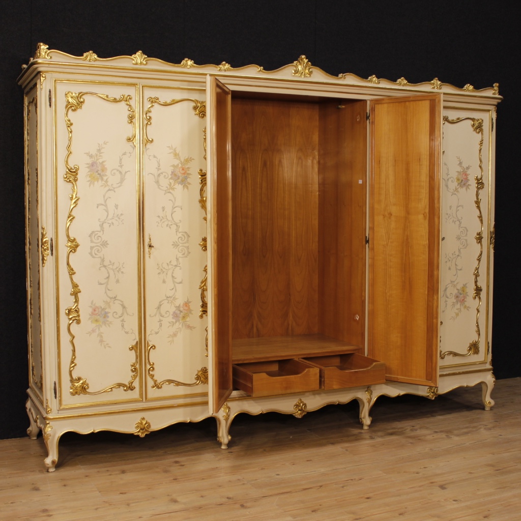 Italian Wardrobe In Lacquered Gilded And Painted Wood With 6