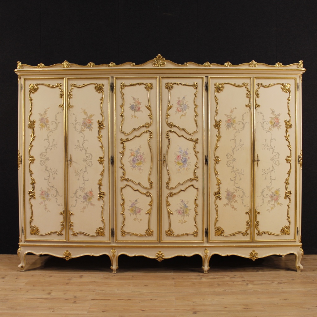 Italian Wardrobe In Lacquered Gilded And Painted Wood With 6