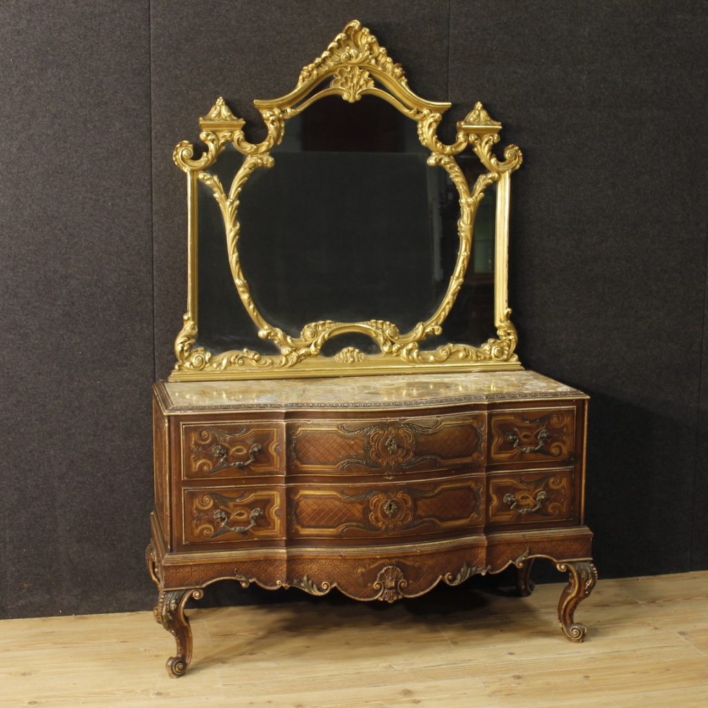 Italian Dresser With Mirror In Lacquered And Gilded Wood For Sale