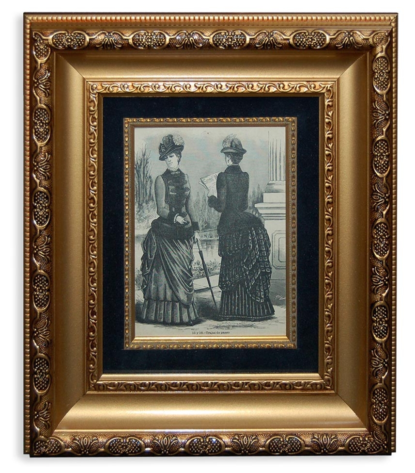Pair of Antique Black & White Ladies Fashion Prints in Gilt Wood Frames