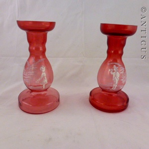 Pair Mary Gregory Enamelled Vases Cranberry Glass 12549 For