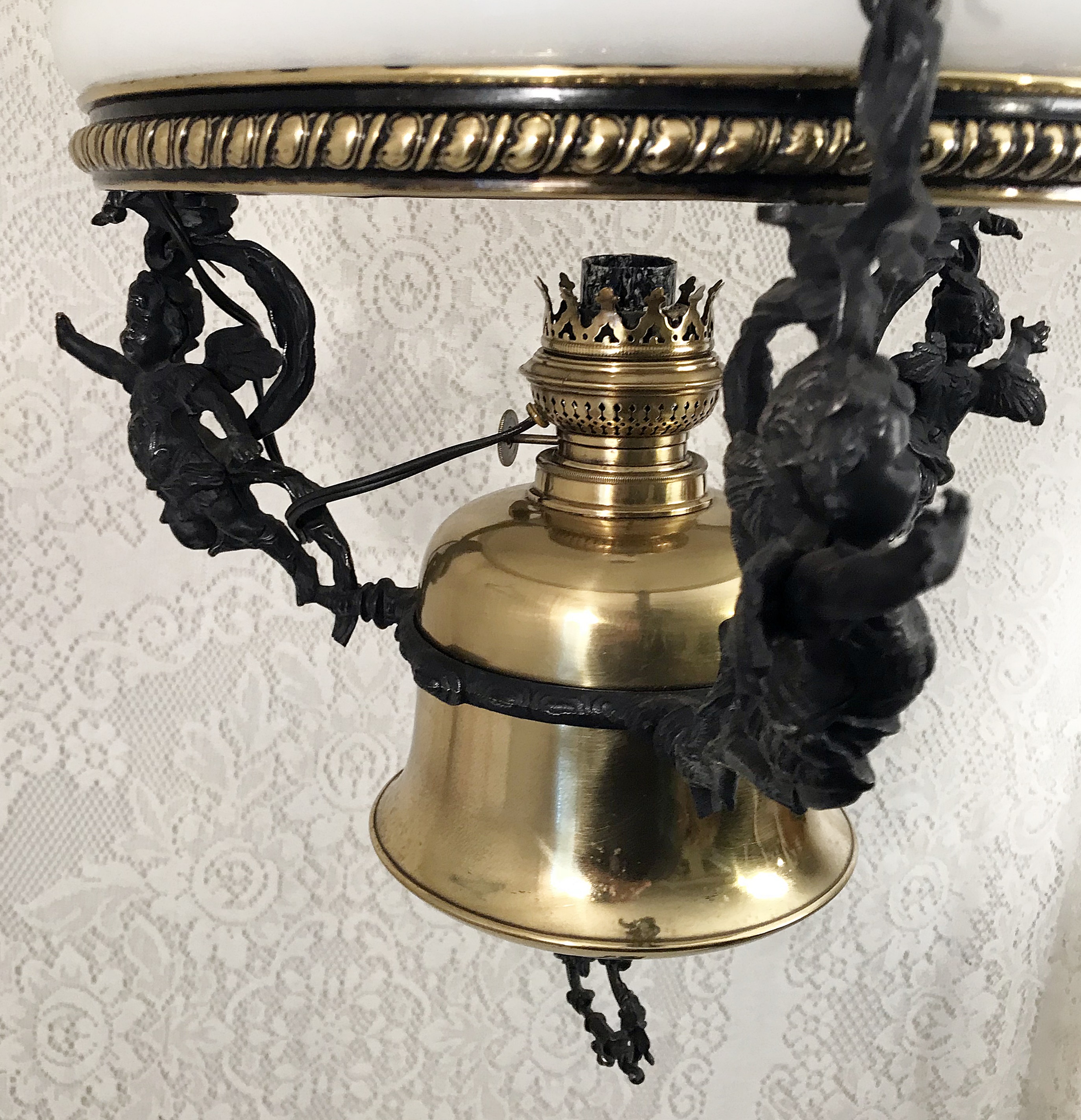 Antique Kosmos Brenner Brass Hanging Oil Lamp w Iron Cherubs For Sale