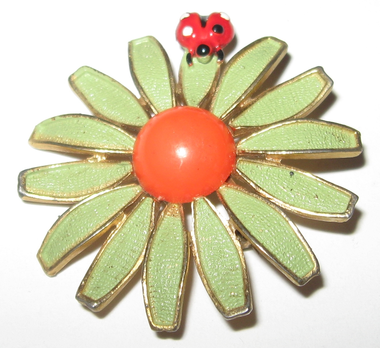 Vintage Weiss Flower Ladybug Brooch Lime Green Orange Pin Womens Jewelry For Sale Antiques 0879