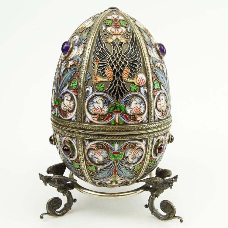 20th Century Russian CloisonnÃ© Enamel 88 Silver Egg with Inset stamped ...